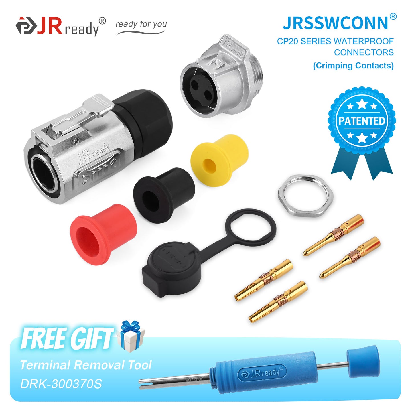 Connettori impermeabili JRready JRSSW serie CP20 con 1 foro di montaggio, 2 pin / 3 pin / 4 pin, tipo di crimpatura, spina e presa in metallo / plastica 