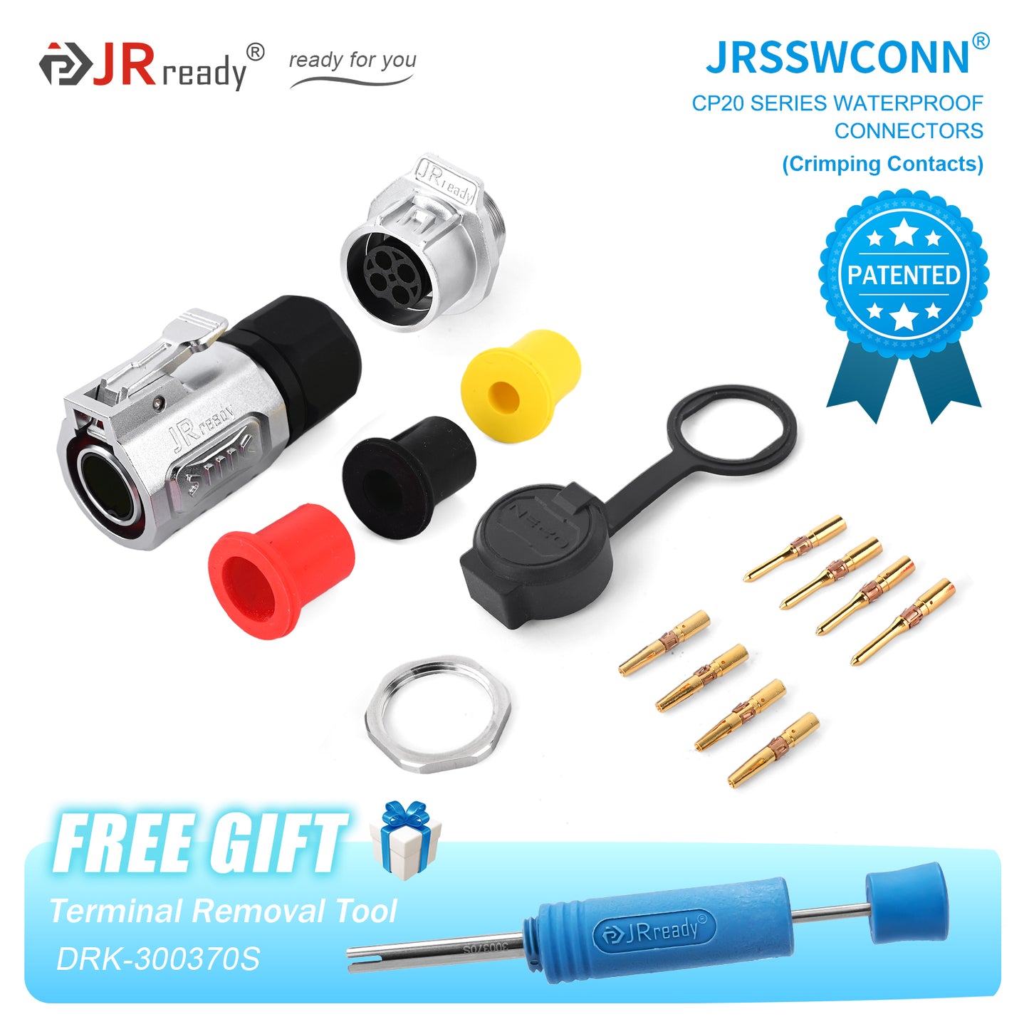 Connettori impermeabili JRready JRSSW serie CP20 con 1 foro di montaggio, 2 pin / 3 pin / 4 pin, tipo di crimpatura, spina e presa in metallo / plastica 