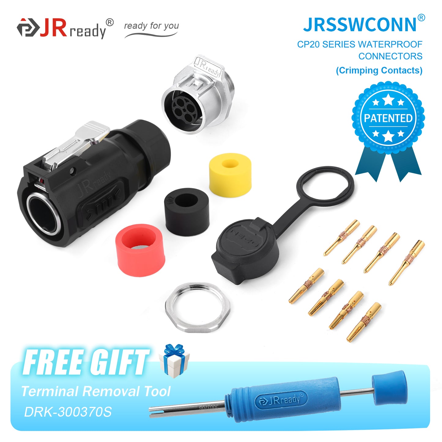 Connettori impermeabili JRready JRSSW serie CP20 con 1 foro di montaggio, 2 pin / 3 pin / 4 pin, tipo di crimpatura, spina e presa in metallo / plastica 