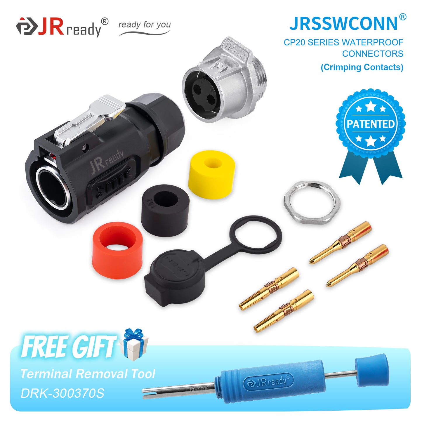 Connettori impermeabili JRready JRSSW serie CP20 con 1 foro di montaggio, 2 pin / 3 pin / 4 pin, tipo di crimpatura, spina e presa in metallo / plastica 