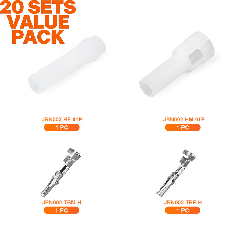 JRready JRN002 1 Pin Standard .093 Pin and Socket Connectors (Molex Connector Kit, 20 Matched Sets), 14-20 AWG, Compatible with Molex Standard .093 Male & Female Connector, 5.03 mm Pitch, Free Hanging