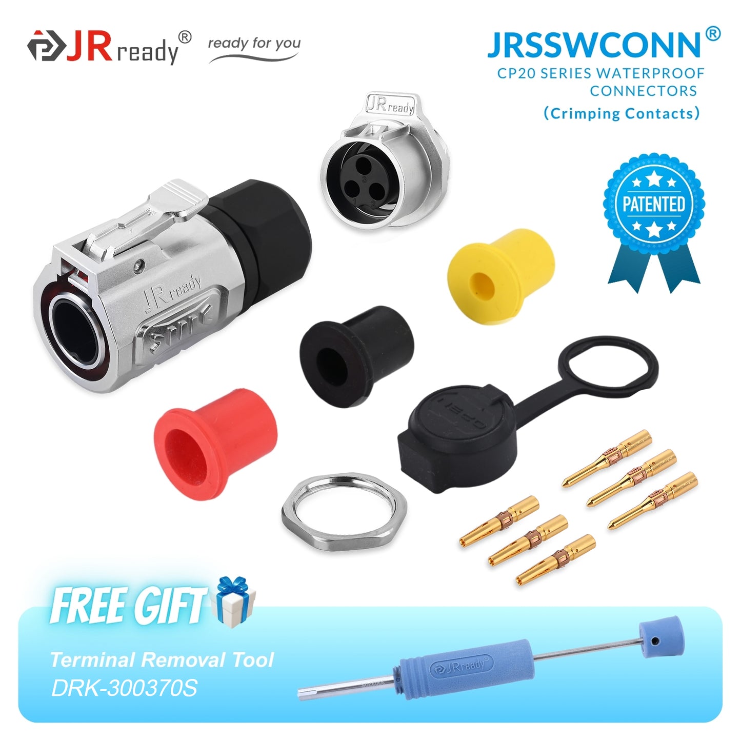 Connettori impermeabili JRready JRSSW serie CP20 con 1 foro di montaggio, 2 pin / 3 pin / 4 pin, tipo di crimpatura, spina e presa in metallo / plastica 