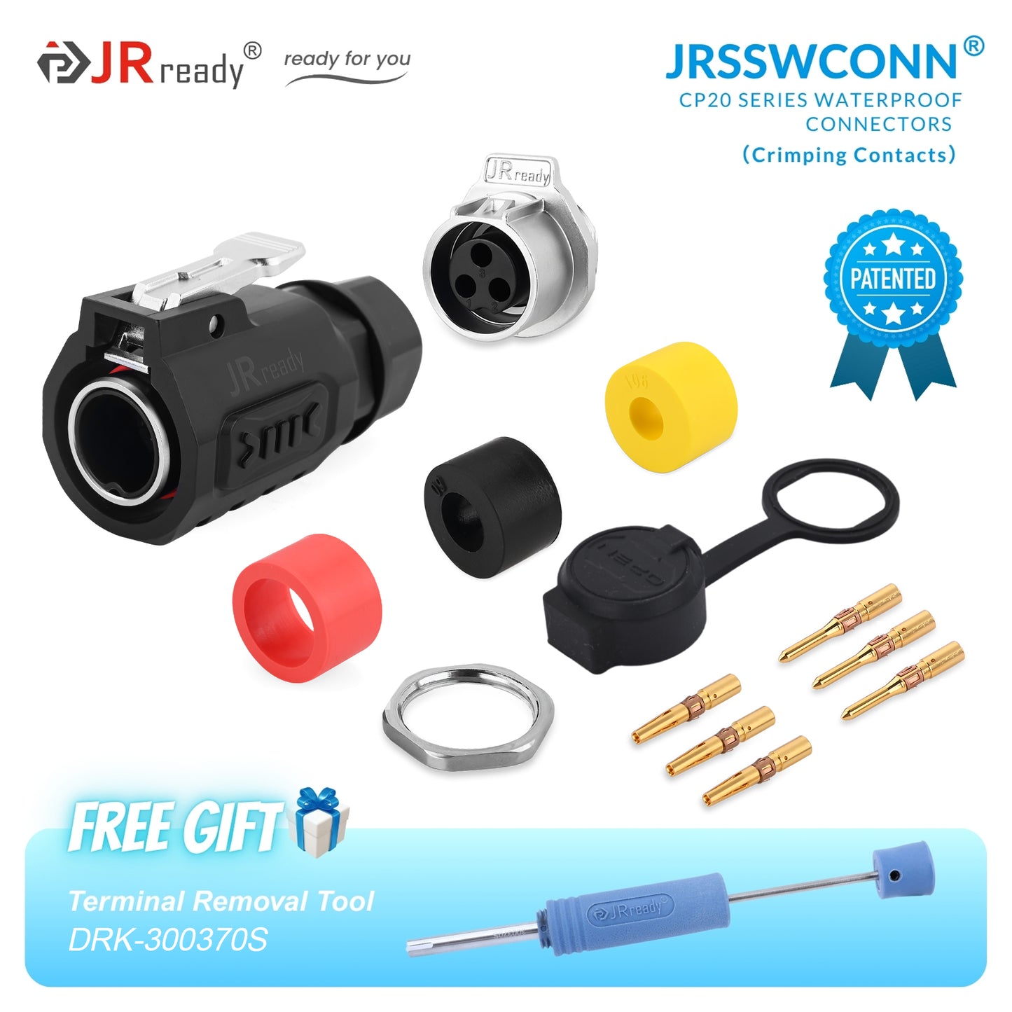 Connettori impermeabili JRready JRSSW serie CP20 con 1 foro di montaggio, 2 pin / 3 pin / 4 pin, tipo di crimpatura, spina e presa in metallo / plastica 