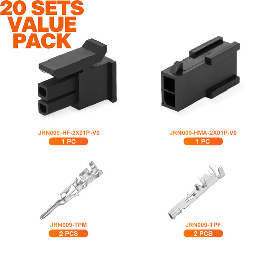 JRready JRN009 2 Pin 2 Circuits Double Wire Plug in Connector, Molex 3.0 Pitch Micro-Fit Connector Kit Male Female Receptacle Housing Plug Wire Quick Connectors 20-24AWG Terminals Pin Sockets (20 Sets)