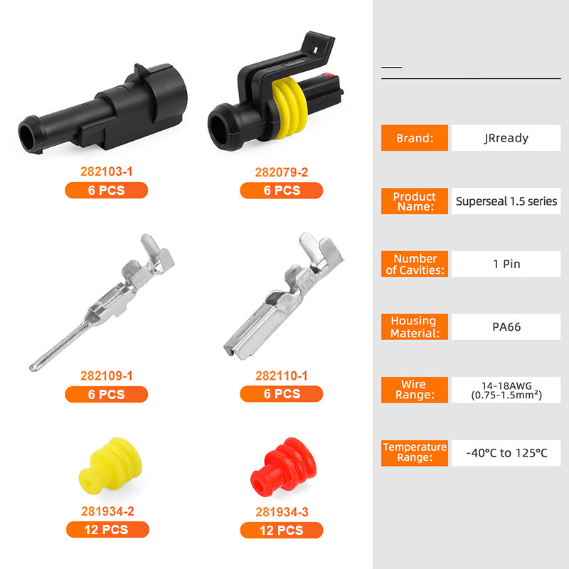 JRready Superseal 1.5 series waterproof automotive wire connectors kit with six sets, ideal for reliable electrical connections.