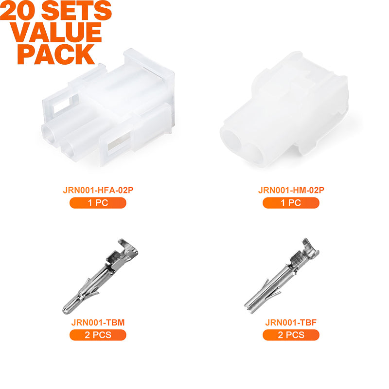 JRready MOLEX Connector JRN001 2 Pin Connector (20 Matched Sets), 2.13mm Diameter Sockets 14-20 AWG, Compatible with Molex MLX Power Connector, 6.35mm Pitch, Free Hanging (20 sets)