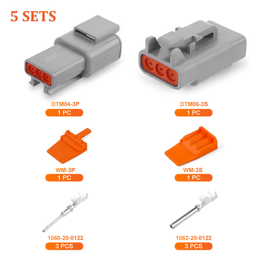 JRready Deutsch DTM 3-Pin Waterproof Connector Kit with #20 Stamped Contacts, 16-22 AWG - Marine, Truck, Motorcycle, Agricultural & Alternative Energy