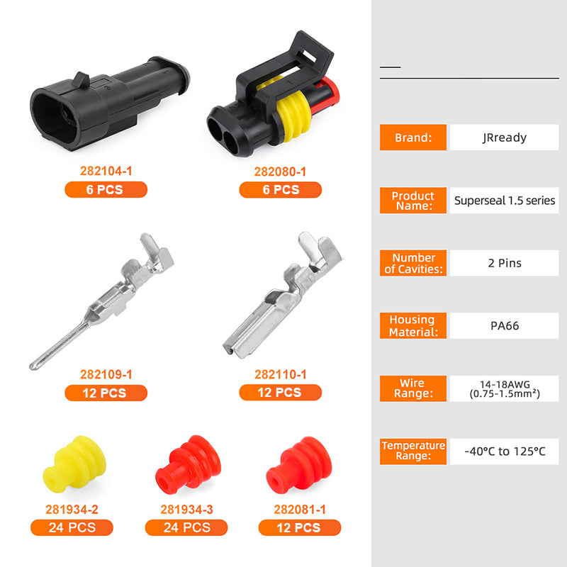 JRready Superseal 1.5 Series waterproof automotive wire connectors by JRDTOOLS, showing six sets of waterproof electrical connectors.
