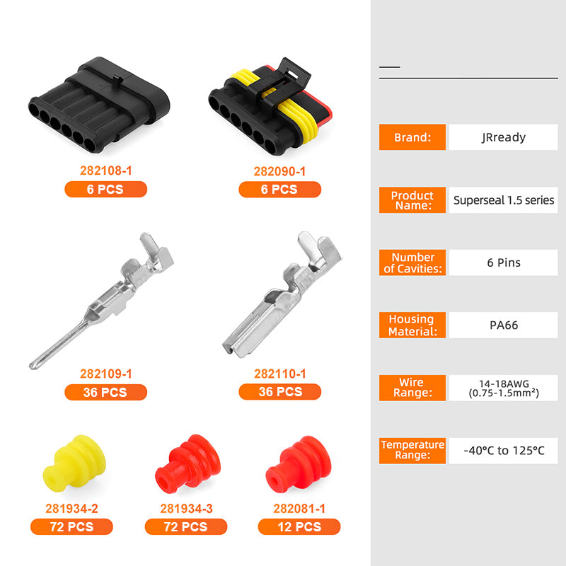 JRready Superseal 1.5 Series 6-Pin Waterproof Electrical Connectors Kit (6 Sets) Used in Motorcycle Handlebar Switch Wiring