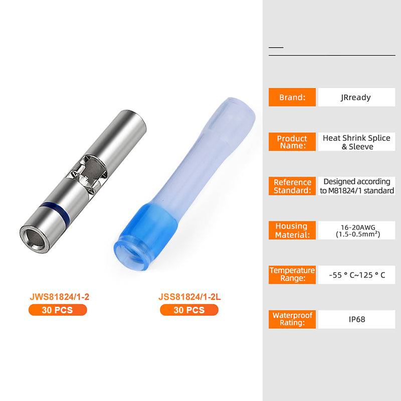 JRready M81824/1-2 waterproof blue butt connectors kit with 30 sets, 16-20 AWG, includes heat shrink tubes for secure electrical splicing.