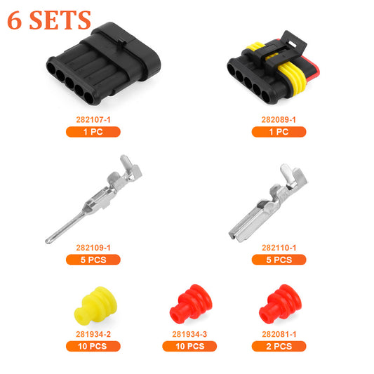 JRready Superseal 1.5 Series 5-Pin Waterproof Electrical Connectors Kit (6 Sets) with Automotive Relay Control Harnesses