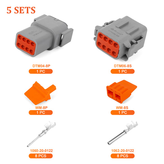 JRready Deutsch DTM 8-Pin Waterproof Connector Kit with #20 Stamped Contacts, 16-22 AWG - Marine, Truck, Motorcycle, Agricultural & Alternative Energy