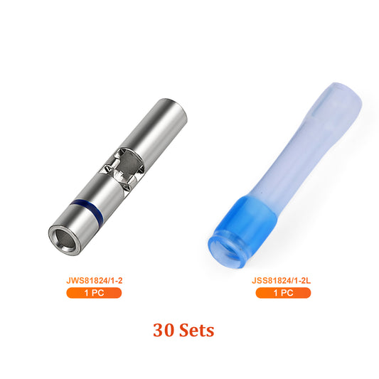 JRready M81824/1-2 blue waterproof butt connectors kit with 16-20 AWG wire splices and transparent heat shrink tubing for secure connections.
