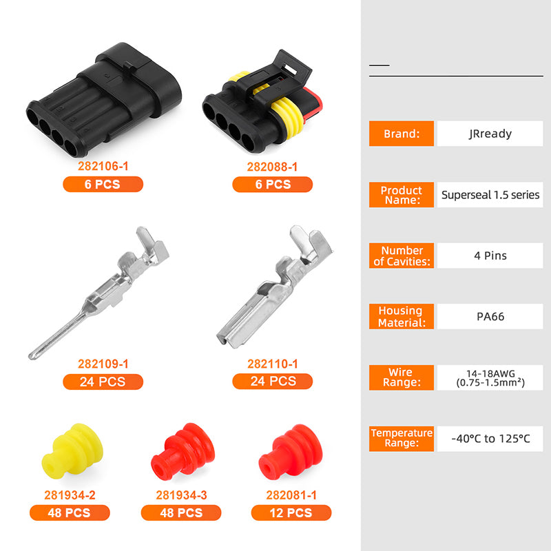 JRready Superseal 1.5 Series 4-Pin Waterproof Electrical Connectors Kit (6 Sets) on Oxygen Sensor Wiring Systems