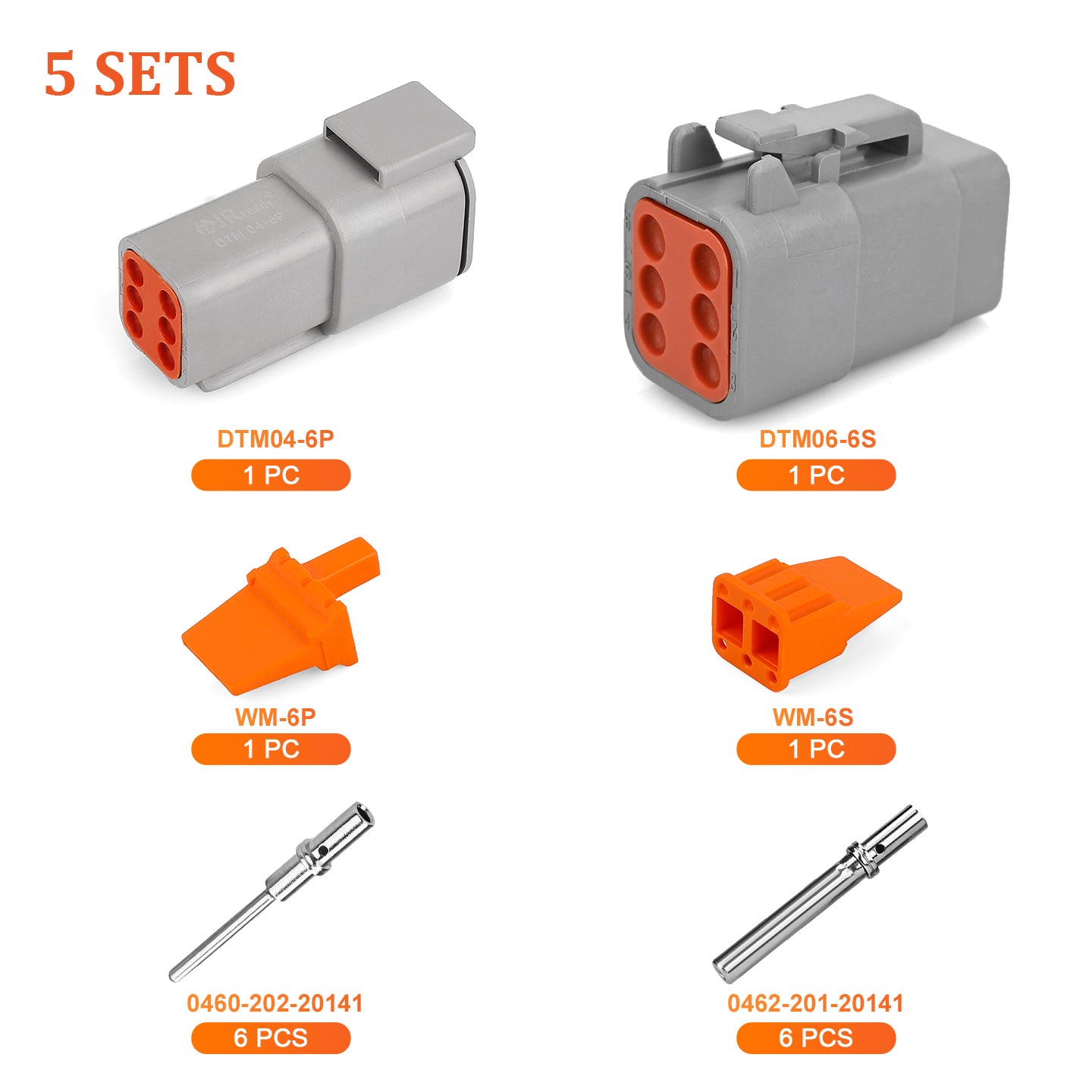 JRready Deutsch DTM 6-Pin Waterproof Connector Kit with #20 Solid Contacts, 16-22 AWG - Marine, Truck, Motorcycle, Agricultural & Alternative Energy