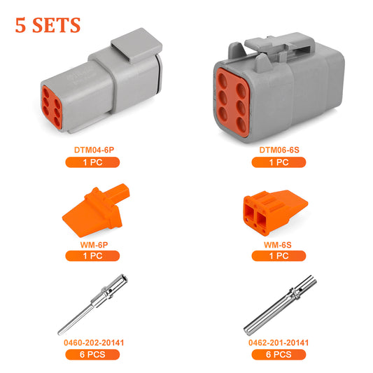 JRready Deutsch DTM 6-Pin Waterproof Connector Kit with #20 Solid Contacts, 16-22 AWG - Marine, Truck, Motorcycle, Agricultural & Alternative Energy