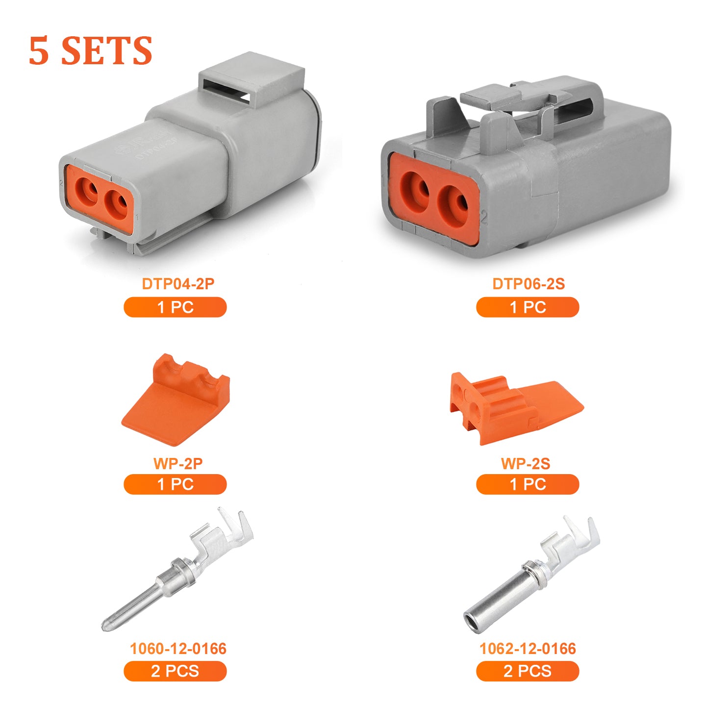 JRDTOOLS waterproof 2-pin Deutsch DTP connector kit with #12 contacts for marine, truck, and agricultural wiring, suitable for 12-14 AWG wires