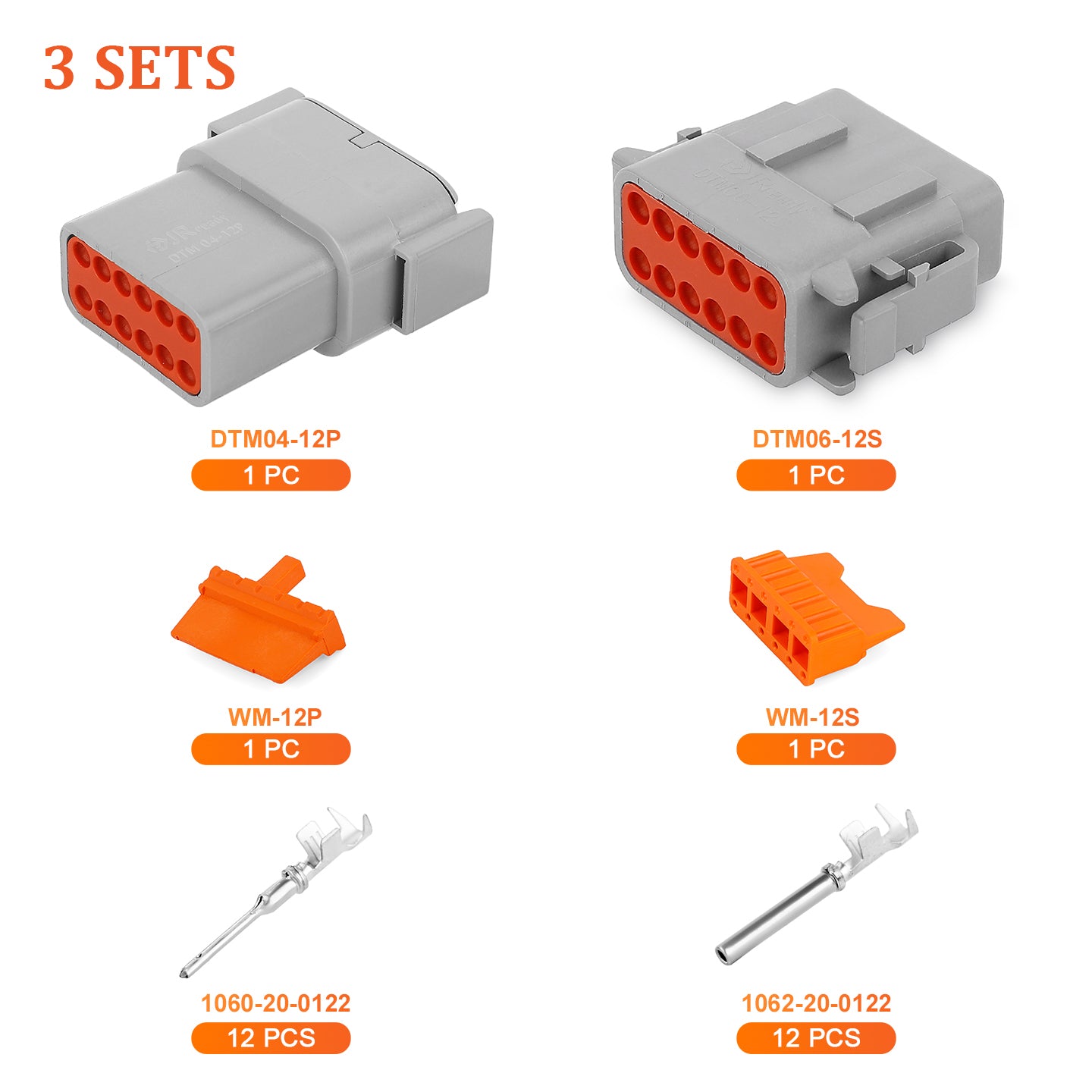 JRready 12-pin Deutsch DTM connector kit with #20 stamped contacts for waterproof marine, truck, motorcycle, and agricultural use