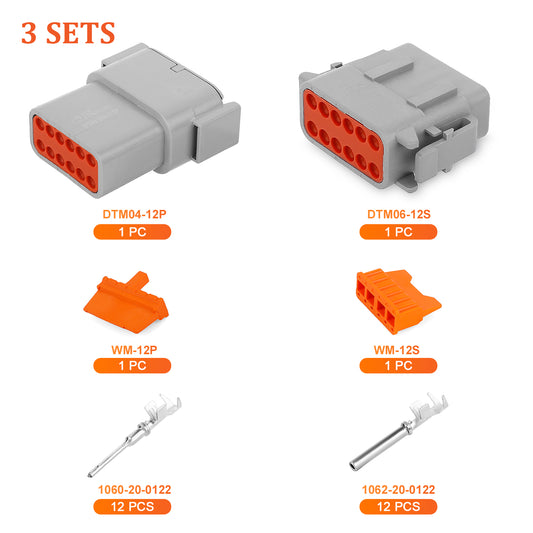 JRready 12-pin Deutsch DTM connector kit with #20 stamped contacts for waterproof marine, truck, motorcycle, and agricultural use