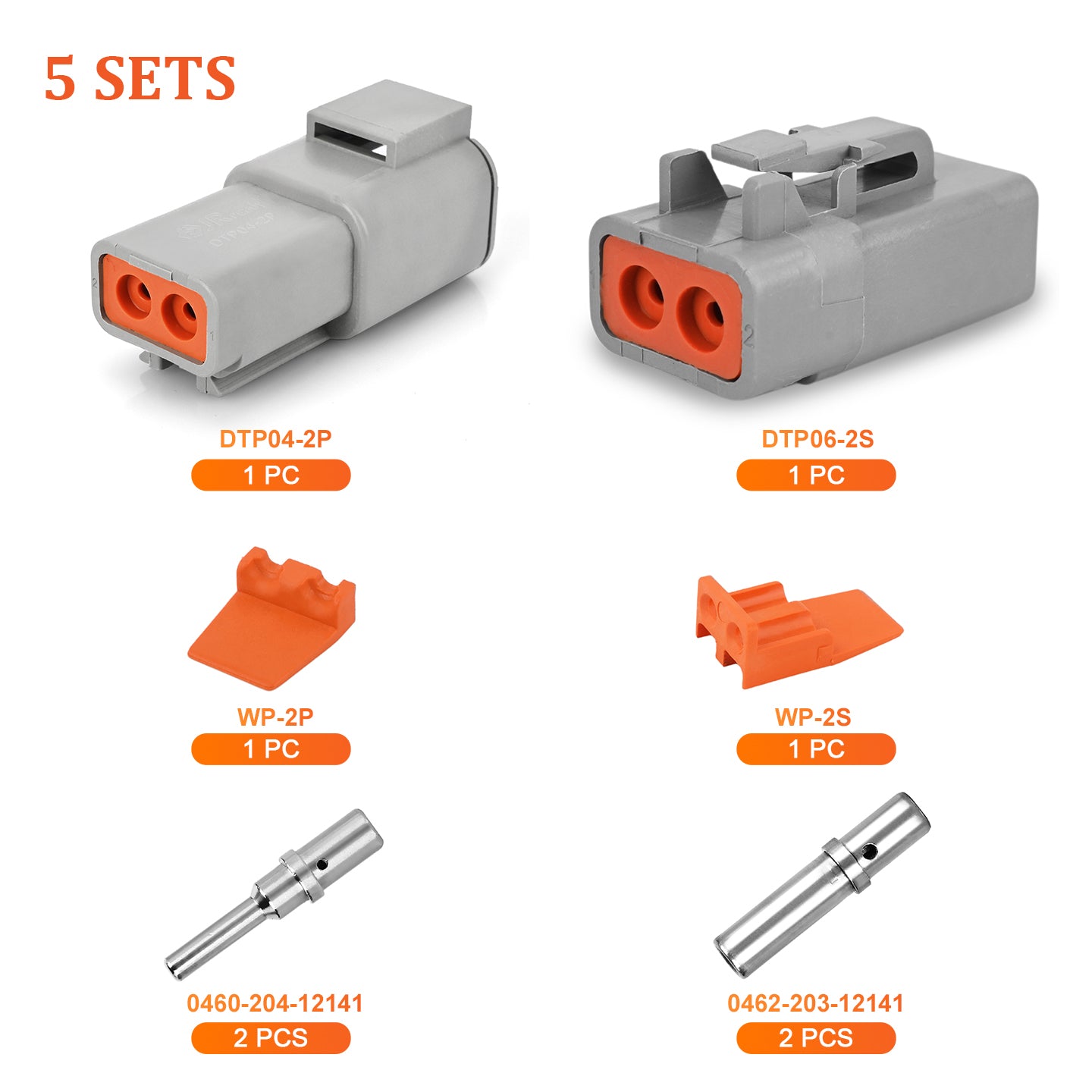 JRREADY 2-pin Deutsch DTP connector kit with #12 solid contacts, waterproof marine and truck use, suitable for 12-14 AWG wires.