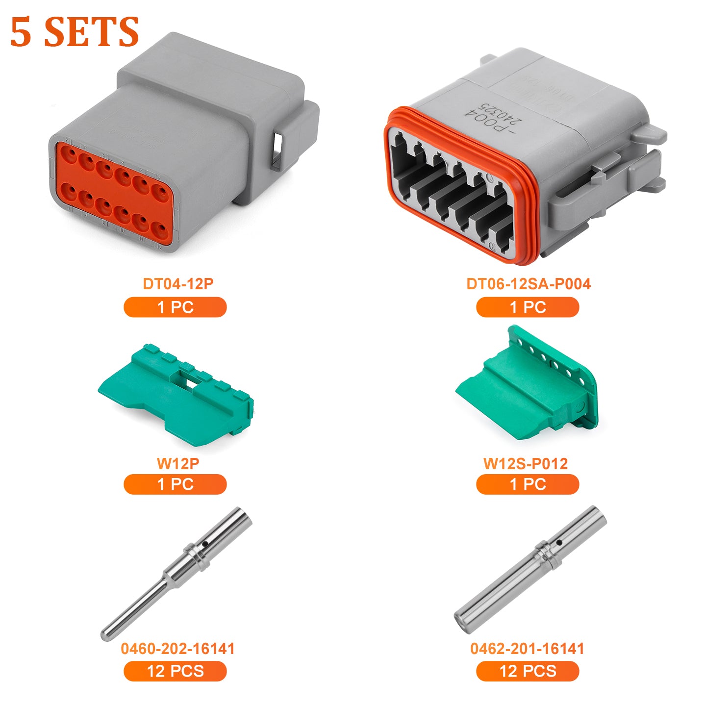 JRready 2-12 pin Deutsch DT connector kit with #16 machined solid contacts, waterproof marine and truck wiring, by JRDTOOLS.
