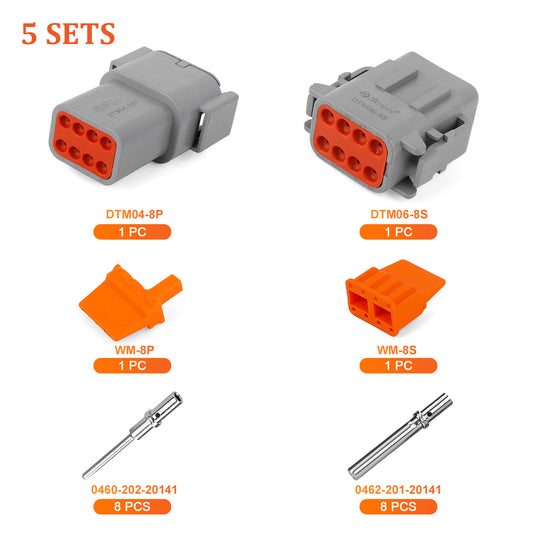 JRready Deutsch DTM 8-Pin Waterproof Connector Kit with #20 Solid Contacts, 16-22 AWG - Marine, Truck, Motorcycle, Agricultural & Alternative Energy