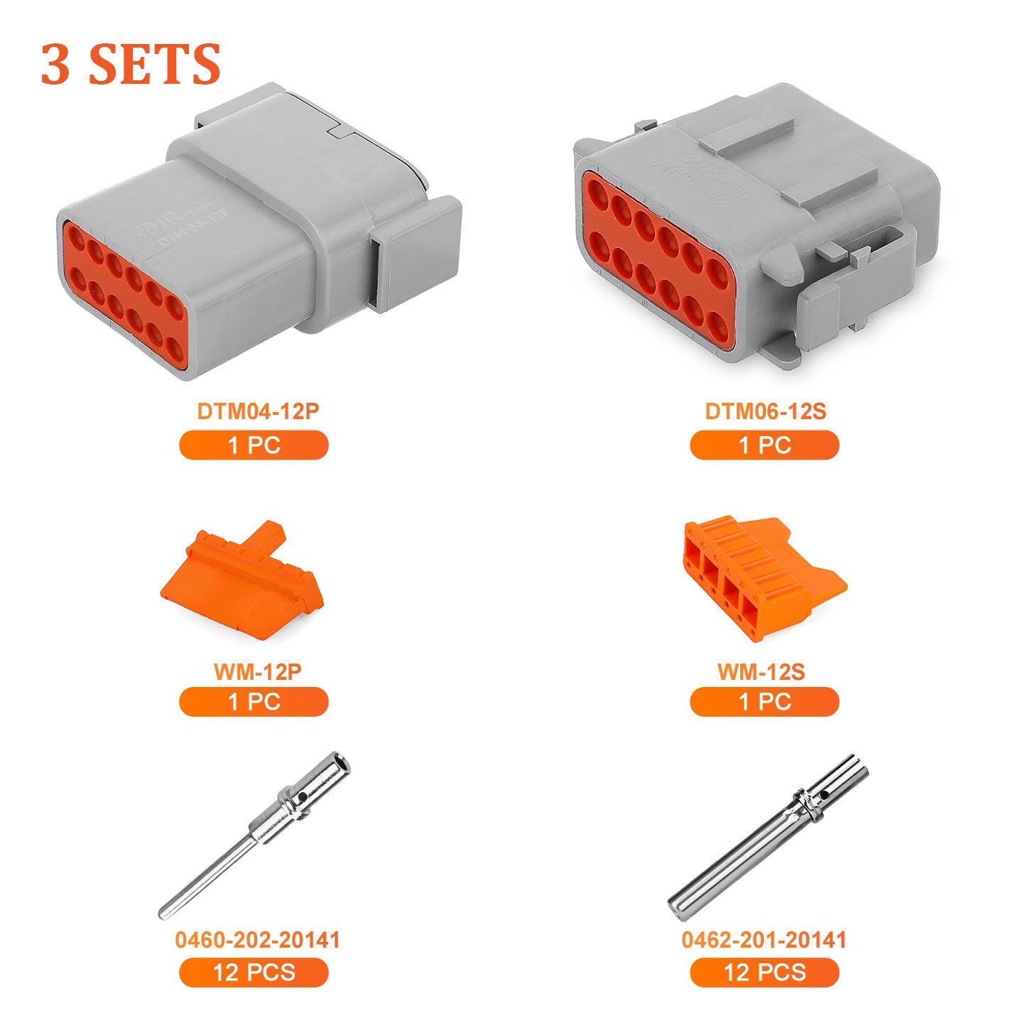 JRready 12-pin Deutsch DTM connector kit with #20 solid contacts for waterproof marine, truck, motorcycle, and agricultural applications.