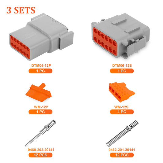 JRready 12-pin Deutsch DTM connector kit with #20 solid contacts for waterproof marine, truck, motorcycle, and agricultural applications.