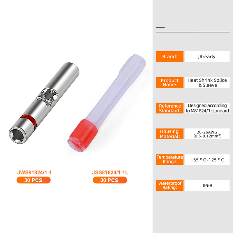 JRready M81824/1-1 Red Butt Connectors Kit 20-26 AWG (30 Sets) - Waterproof Wire Connectors & Wire Splice Connectors with Low-Temp Heat Shrink Tubes