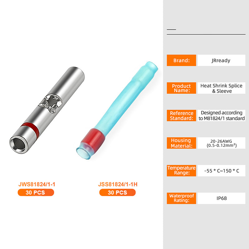 JRready M81824/1-1 Red Butt Connectors Kit 20-26 AWG (30 Sets) - Waterproof Wire Connectors & Wire Splice Connectors with High-Temp Heat Shrink Tubes