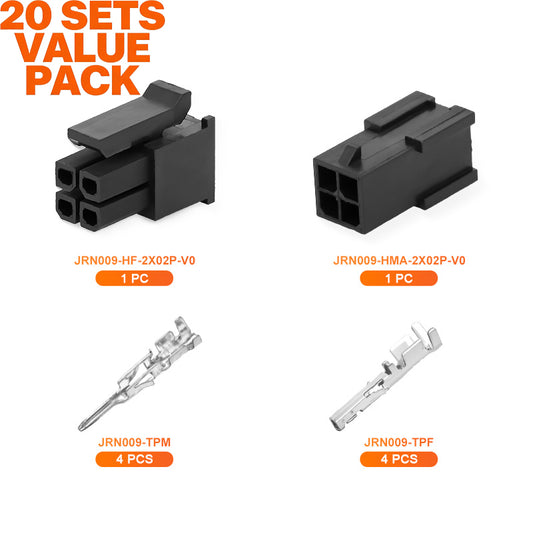 JRready JRN009 4 Pin 4 Circuits Molex 3.0 Pitch Micro-Fit Connector Kit Male Female Receptacle Housing Plug Wire Connector 20-24AWG Terminals Pin Sockets（20 Sets）