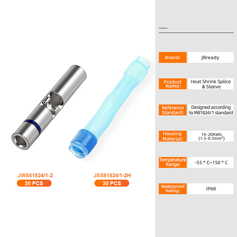 JRready M81824/1-2 blue waterproof butt connectors kit with heat shrink tubes for 16-20 AWG wires, ideal for secure electrical splicing.