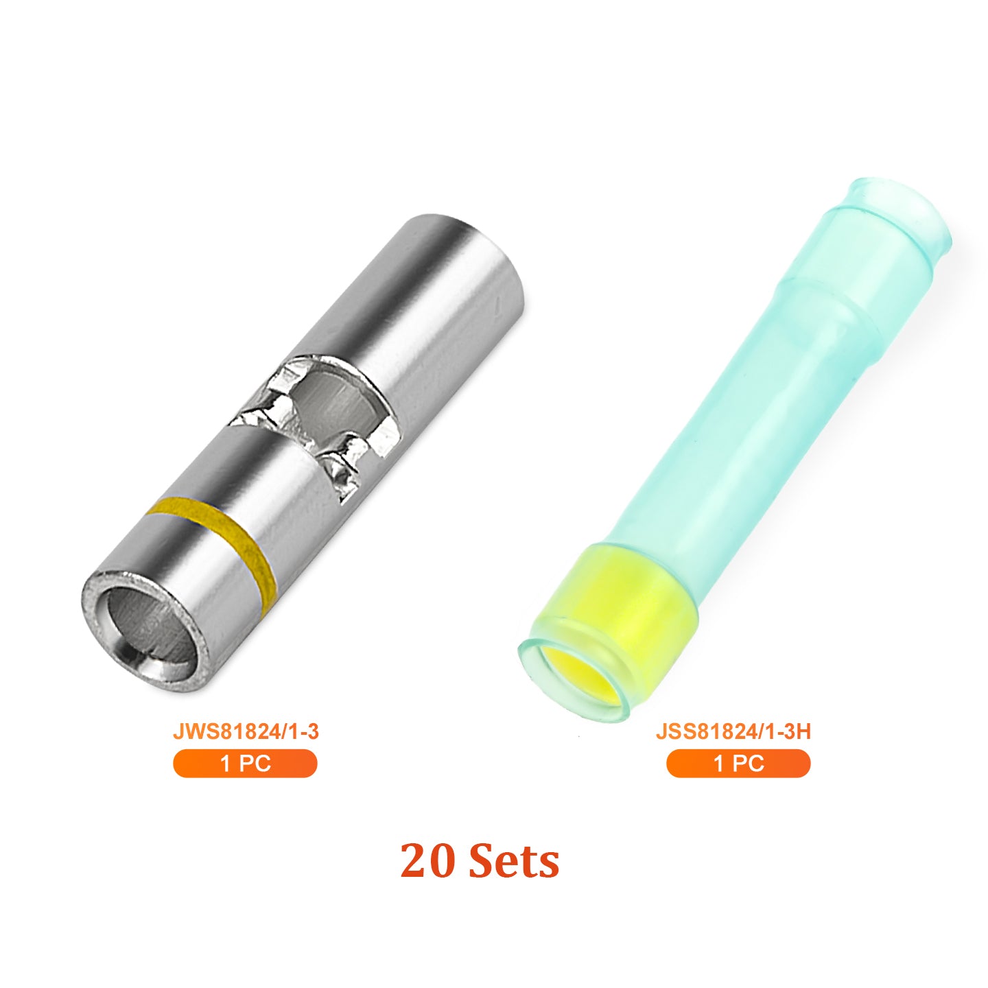 JRTOOLS M81824/1-3 yellow waterproof butt connectors kit with heat shrink tubing for 12-16 AWG wire splicing, durable electrical connectors.