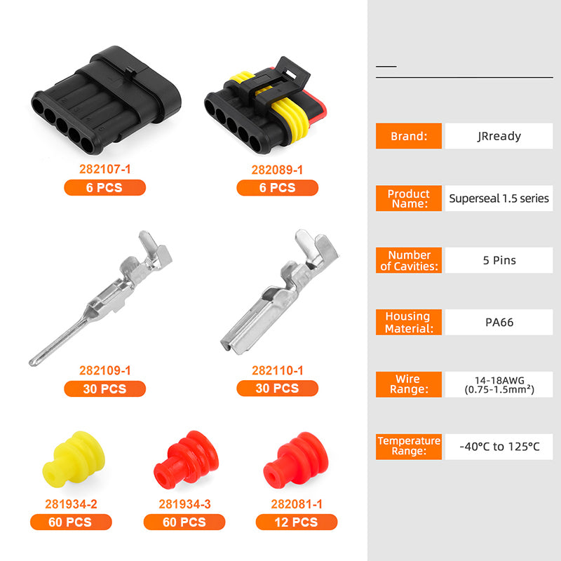 JRready Superseal 1.5 Series 5-Pin Waterproof Electrical Connectors Kit (6 Sets) with Automotive Relay Control Harnesses