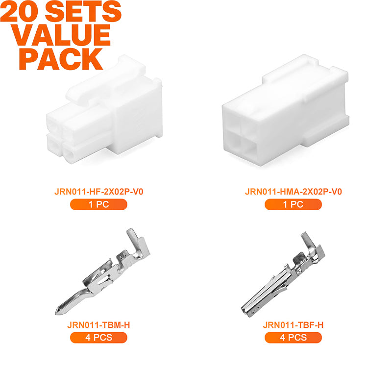JRready JRN011 4 Pin Molex 4.2 Pitch Mini-Fit Jr Connector 5557 Series Power Wire Connector Kit Plug Receptacle Housing 18-24AWG Crimp Terminals Pin Sockets Natural（20 sets）