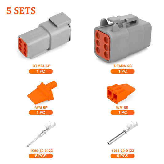 JRready Deutsch DTM 6-Pin Waterproof Connector Kit with #20 Stamped Contacts, 16-22 AWG - Marine, Truck, Motorcycle, Agricultural & Alternative Energy