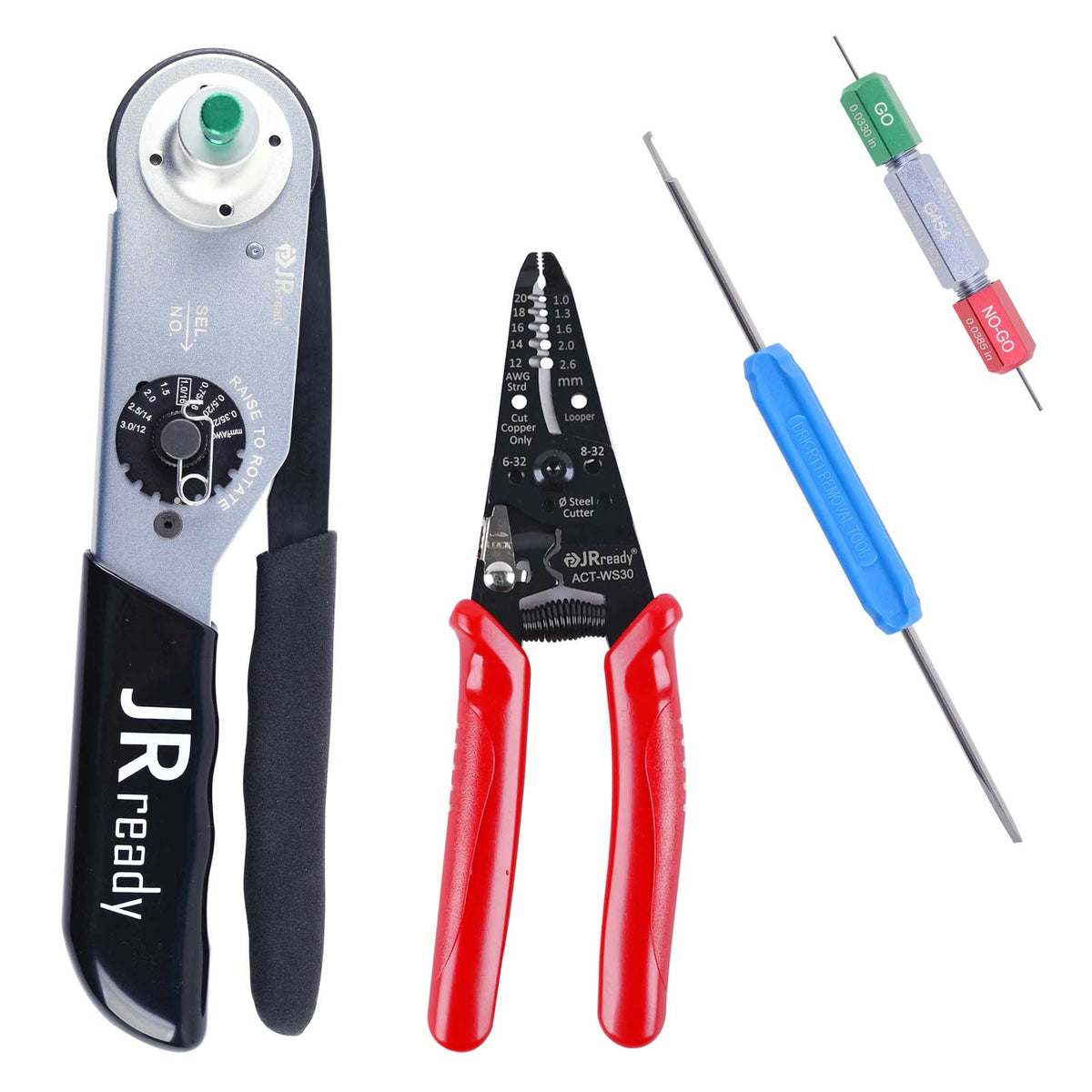 JRready JST2109S JRD-HDT-48 Closed Barrel Crimper Kit Crimping Tool Kit with ACT-WS30 Wire Stripper & G454 Gage & DRK-RT1 Removal tool Work with DT,DTM,DTP Connector 12#, 16#, 20# Solid Contacts