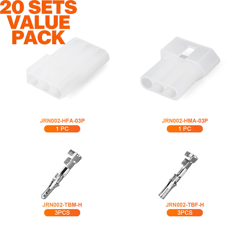 JRready JRN002 3 Pin Wire Terminal Connectors Pin and Socket Connectors 3 Circuits (20 Matched Sets), 14-20 AWG, Compatible with Molex Standard.093 Male& Female Connector, 5.03 mm Pitch, Free Hanging