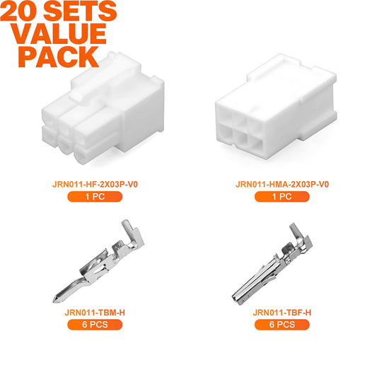 JRready JRN011 6 Pin Molex 4.2 Pitch Mini-Fit Jr Connector 5557 Series Power Connector Receptacle Housing Plug Automotive Electrical Crimp Terminals 18-24AWG Connectors(20 sets）
