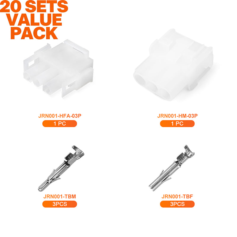 JRready MOLEX Connector JRN001 3 Pin (20Matched Sets), 2.13mm Diameter Sockets 14-20 AWG, Compatible with Molex MLX Power Connector, 6.35mm Pitch, Free Hanging(20 sets）