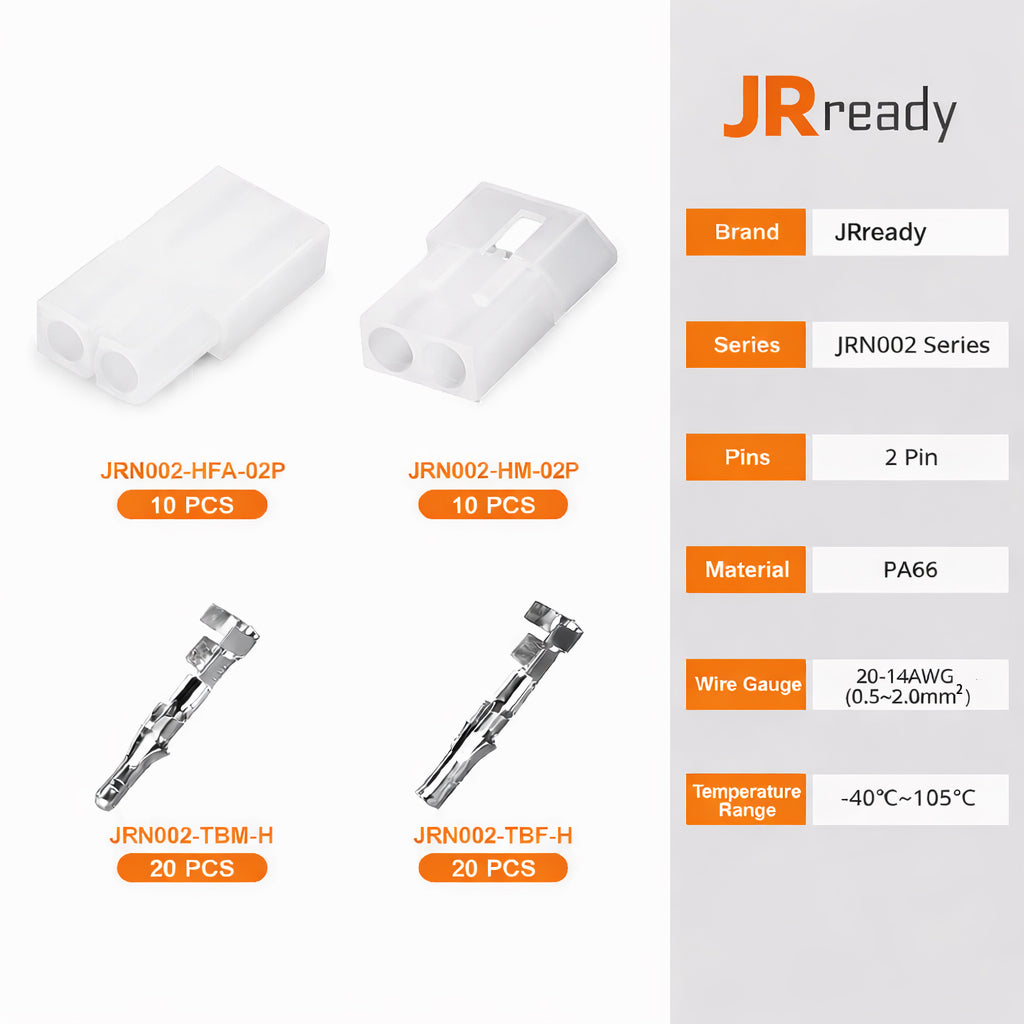 JRready JRN002 2 Pin Standard.093 Pin and Socket Connectors 2 Circuits (20 Matched Sets), 14-20 AWG, Compatible with Molex Standard.093 Male& Female Connector, 5.03 mm Pitch, Free Hanging