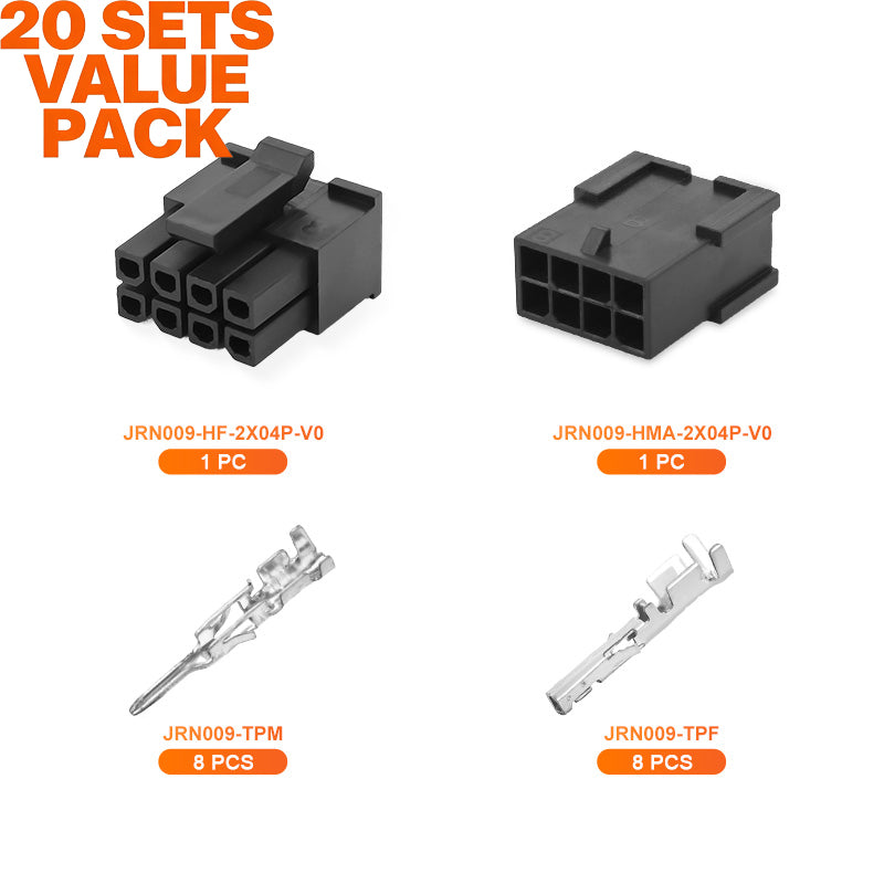 JRready JRN009 8 Pin 8 Circuits Molex 3.0 Pitch Micro-Fit Connector Kit Male Female Receptacle Housing Plug Wire Connector 20-24AWG Terminals Pin Sockets（20 Sets）