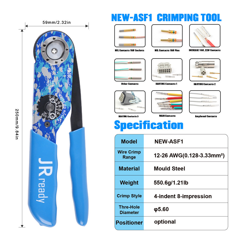 KIT JRready ST2147: NEW-ASF1 (M22520/1-01) Crimpatrice 12-26 AWG e M22520/1-02 M22520/1-03 M22520/1-04 Testa torretta e UF6-UF2-5 M22520/1-05 Posizionatore e G125 M22520/3-1 Calibro