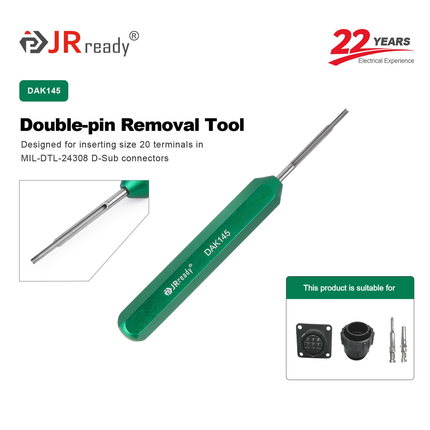 JRready DAK145 Insertion Tool for MIL-DTL-24308 D-Sub Connectors, designed for Defense Wiring Assembly & Military Equipment Maintenance