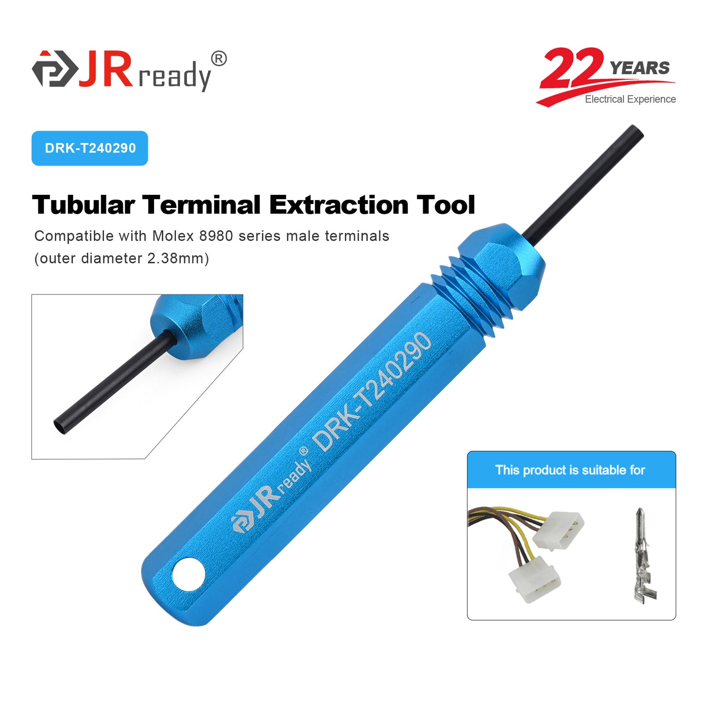 JRready DRK-T240290 Tubular Terminal Extraction Tool for Molex 8980 Series Male Terminals, suited for Power Connector & Equipment Maintenance