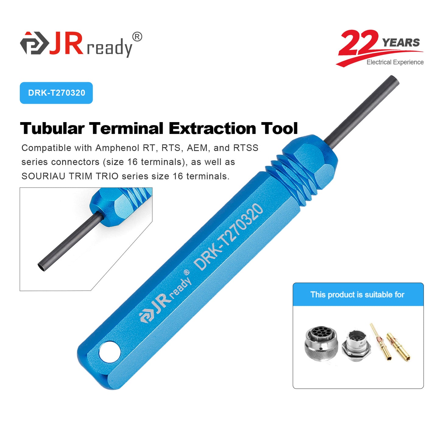 JRready DRK-T270320 Tubular Extraction Tool for Amphenol RT360 SOURIAU TRIM TRIO Connector Terminals, Precision-Forged Aluminum Handle, throughout Aerospace & Rugged Industrial Maintenance