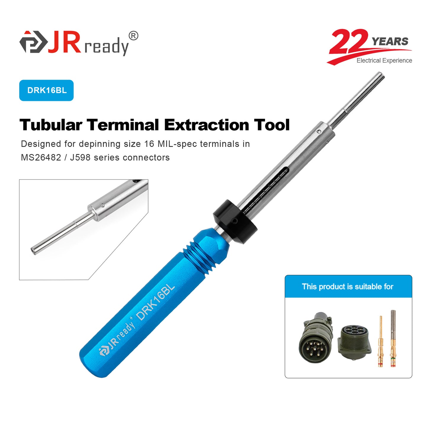 JRready DRK16BL Terminal Extraction Tool for 16# MIL-Spec Terminals, within Military and Industrial Applications