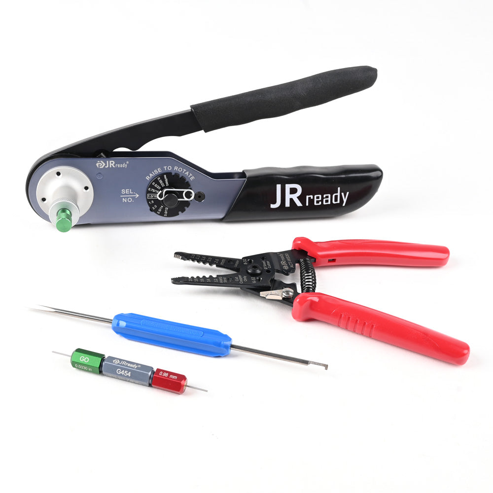 JRready JST2109S JRD-HDT-48 Closed Barrel Crimper Kit Crimping Tool Kit with ACT-WS30 Wire Stripper & G454 Gage & DRK-RT1 Removal tool Work with DT,DTM,DTP Connector 12#, 16#, 20# Solid Contacts
