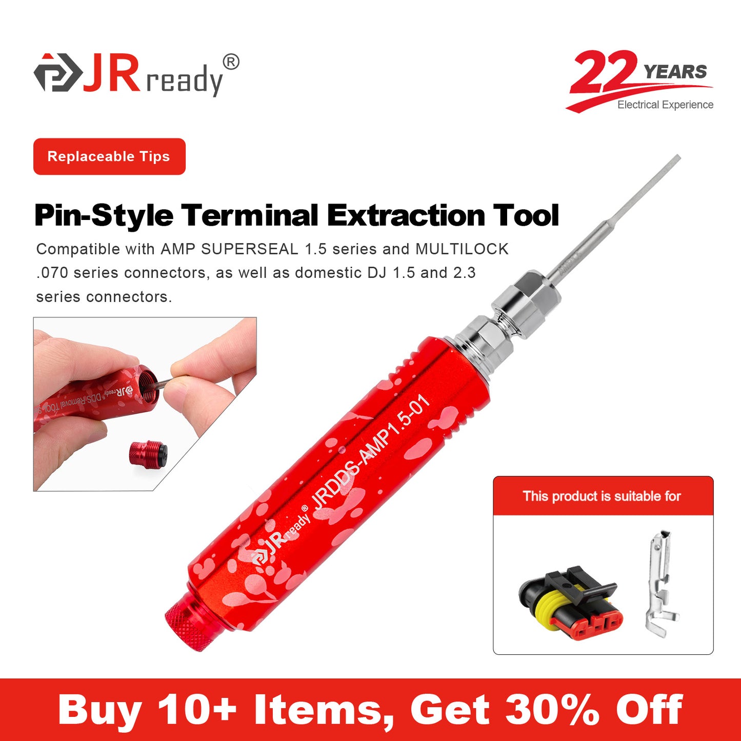 JRready JRDDS-AMP1.5-01/ JRDDS-AMP1.5-03 Pin-Style Terminal Extraction Tool for AMP SUPERSEAL 1.5 Series connectors & large single-spring terminals or internal spring terminals