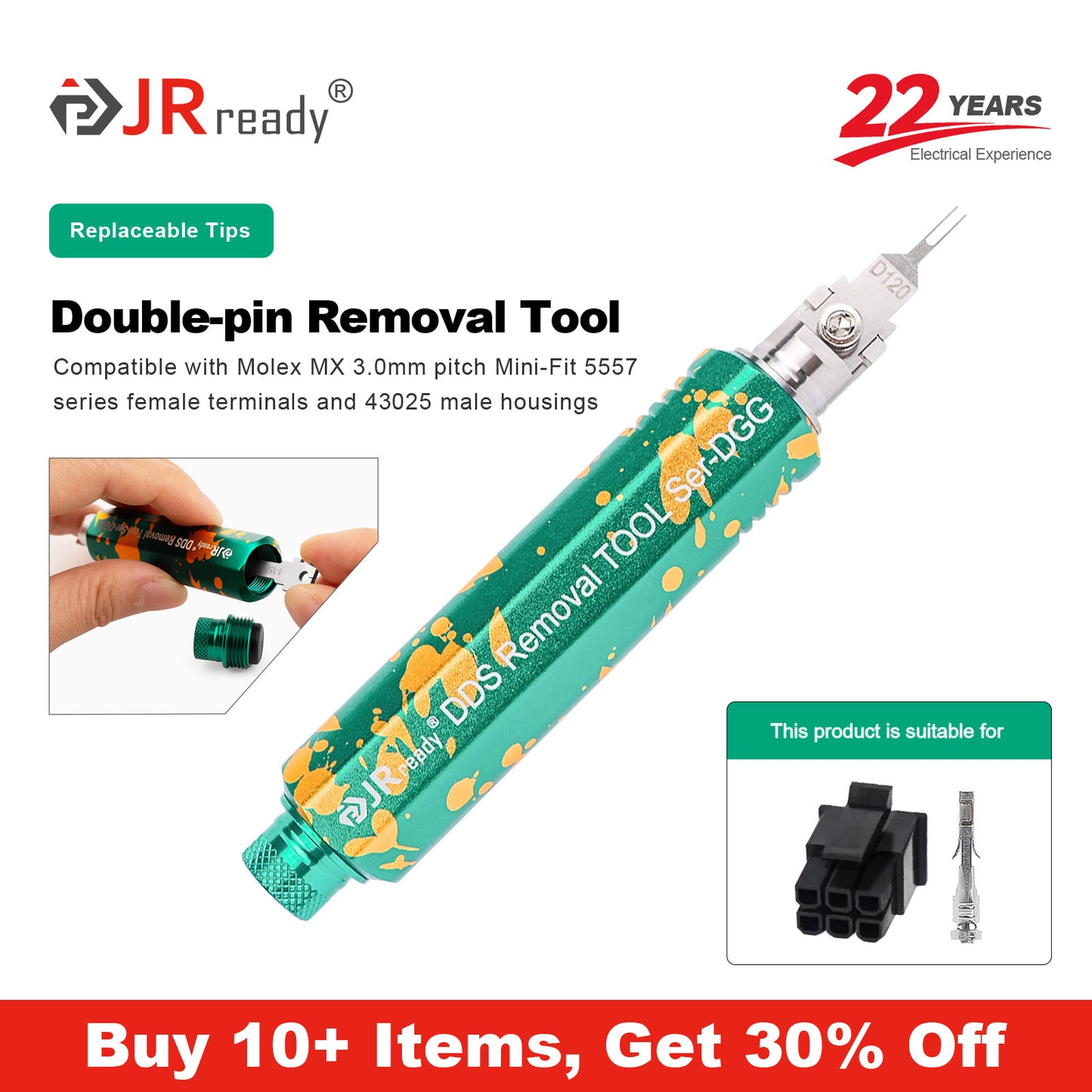 JRready JRDDS-D120-01/ JRDDS-D120-07 Doppelstift-Anschluss-Ausziehwerkzeug für Molex MX 3,0 mm Rastermaß 5557-Serie weibliche Anschlüsse (Gehäuse 43025) 